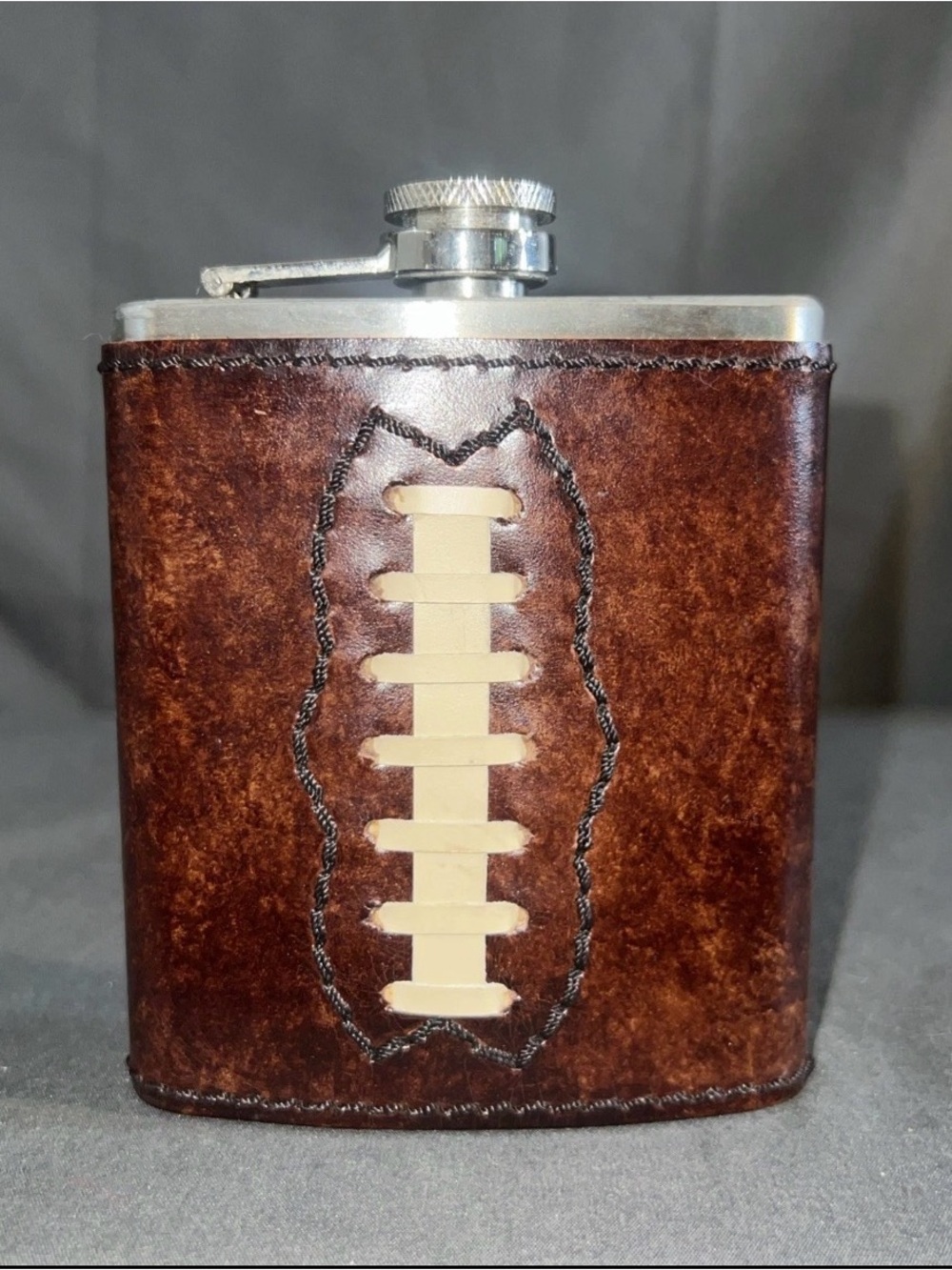 Brown Leather-Wrapped Hip Flask with Football Lace Accent